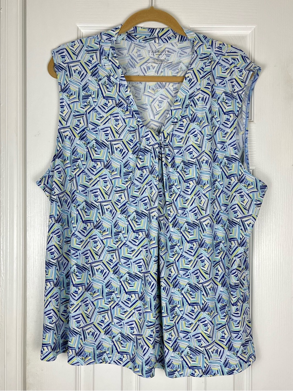 Talbots Woman Geo Print Sleeveless Knotted Neckline Blouse Top 3X Stretch